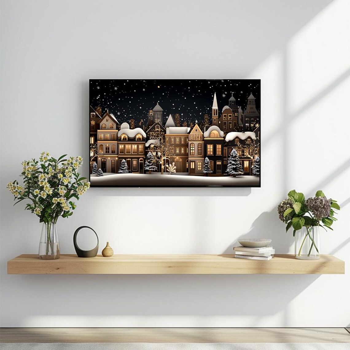 Festive Snowy Christmas Village Night Scene Warm Lights Poster - Image 2