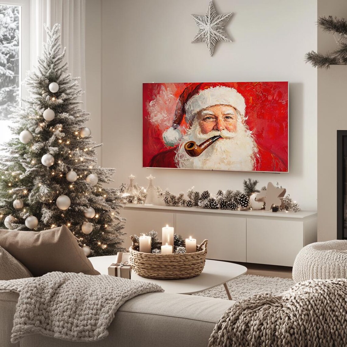 Classic Santa Smoking Pipe Oil Painting Bold Red Vintage Poster - Image 5