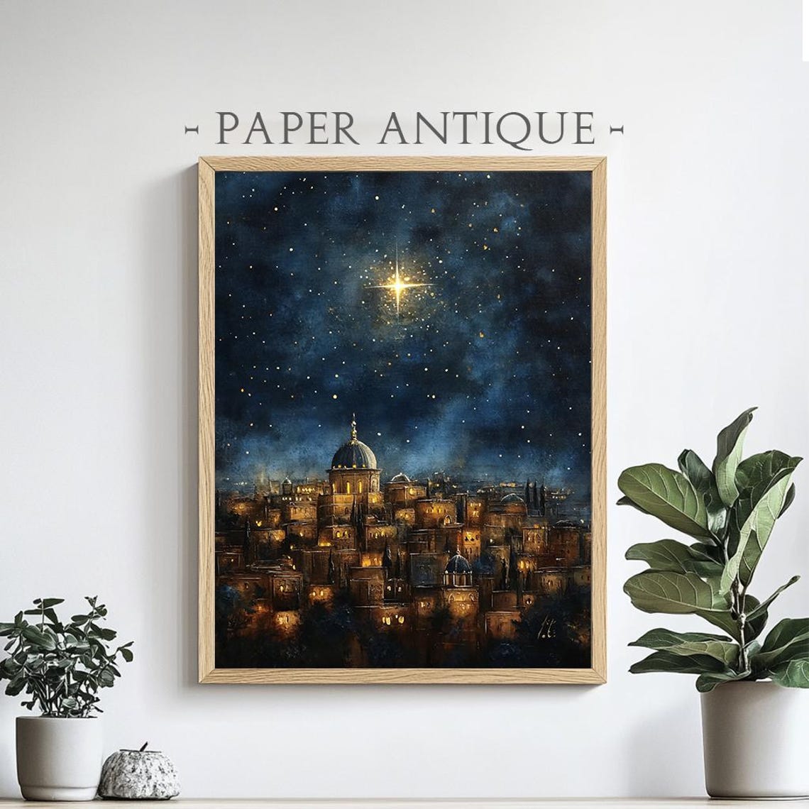 Star Of Bethlehem Over Glowing City Night Sky Christmas Poster