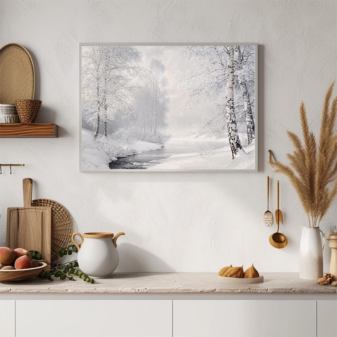 Snowy Birch Trees Frozen River Soft White Winter Landscape Poster - Image 2
