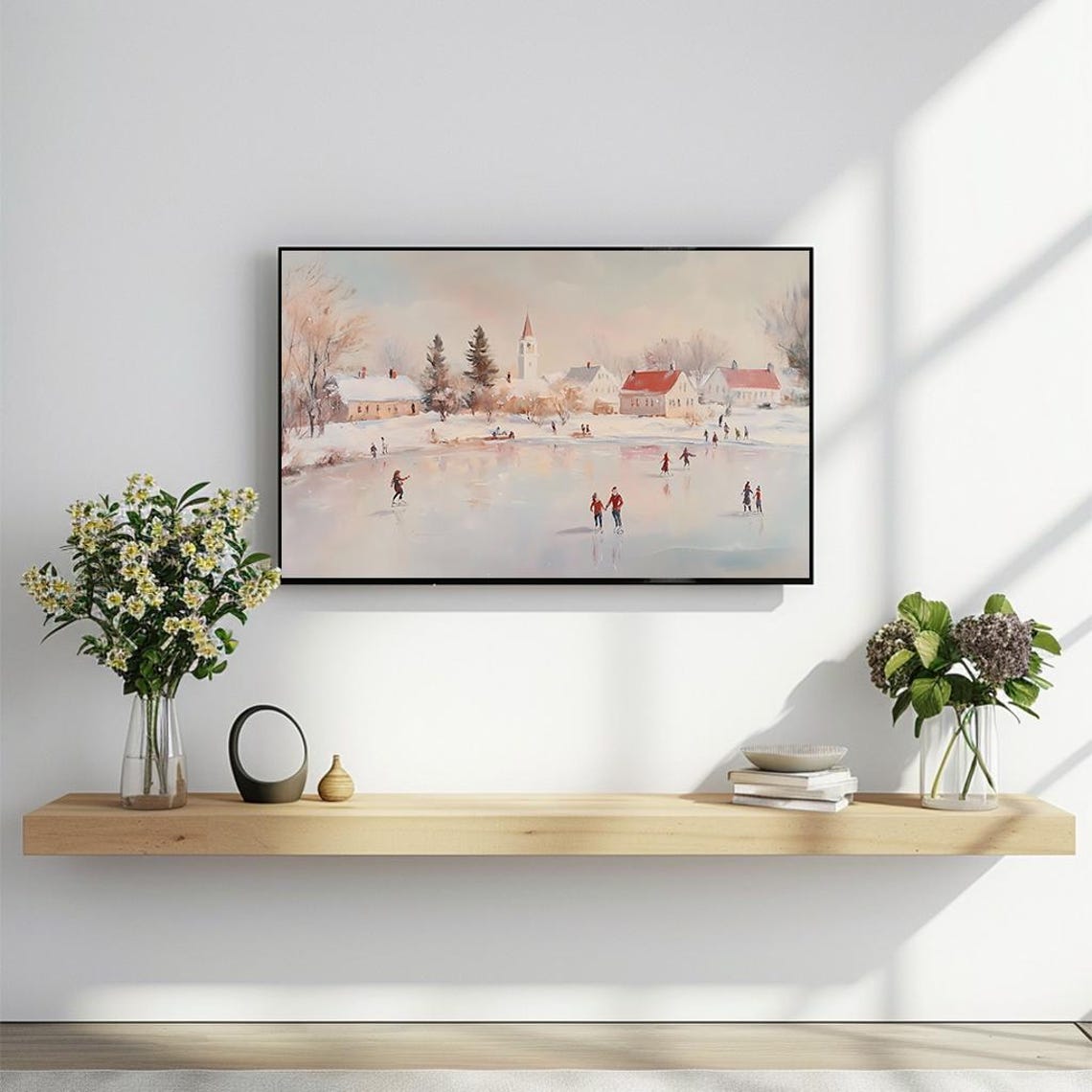 Ice Skating Winter Village Scene Nostalgic Oil Painting Snowy Poster - Image 2