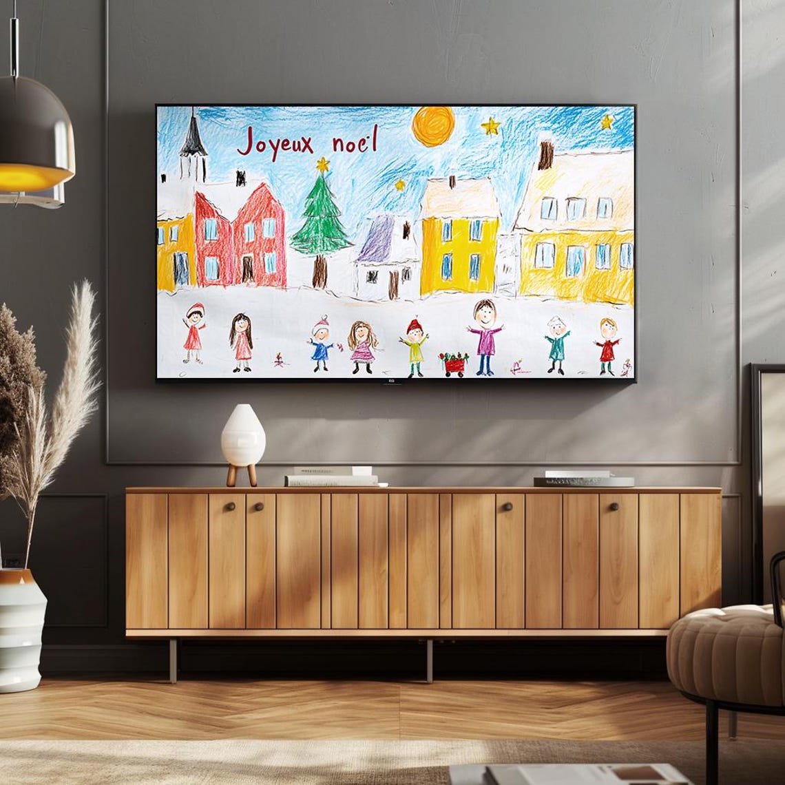 Joyful Christmas Village Children Drawing Joyeux Noel Art Poster - Image 4