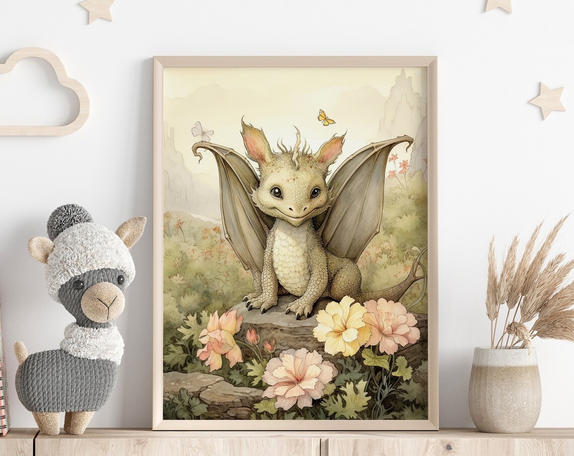 Cute Baby Dragon Nursery Whimsical Fairytale Watercolor Wall Art