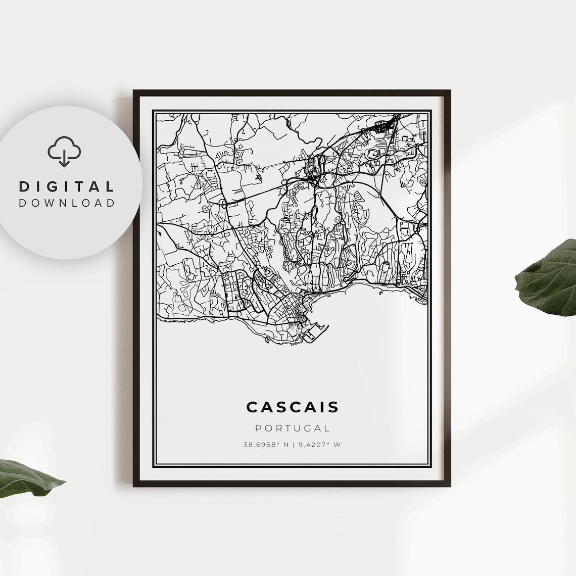 Cascais Portugal Coastal City Street Map Minimalist Line Art Poster