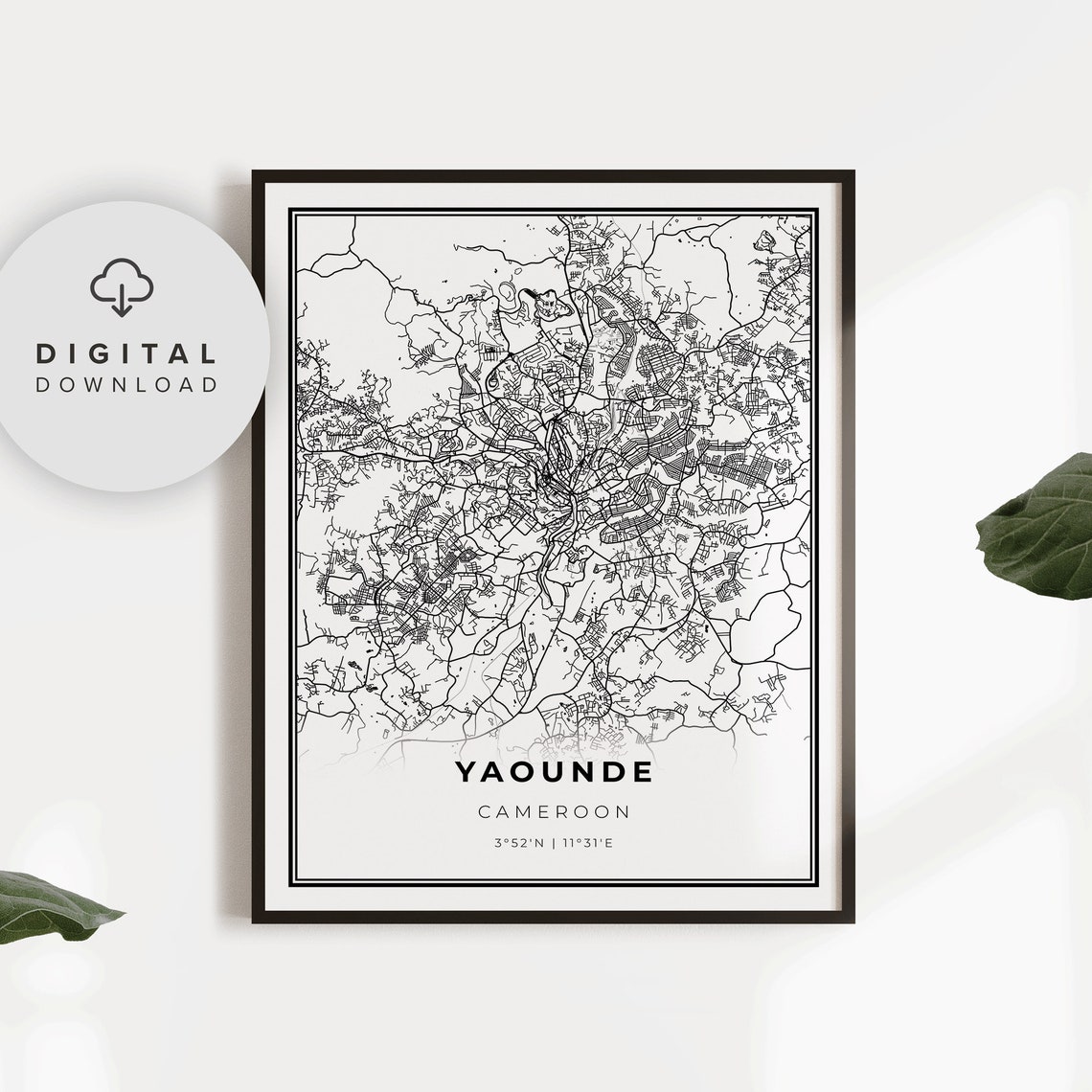 Yaounde Cameroon Minimalist City Street Map Black White Poster