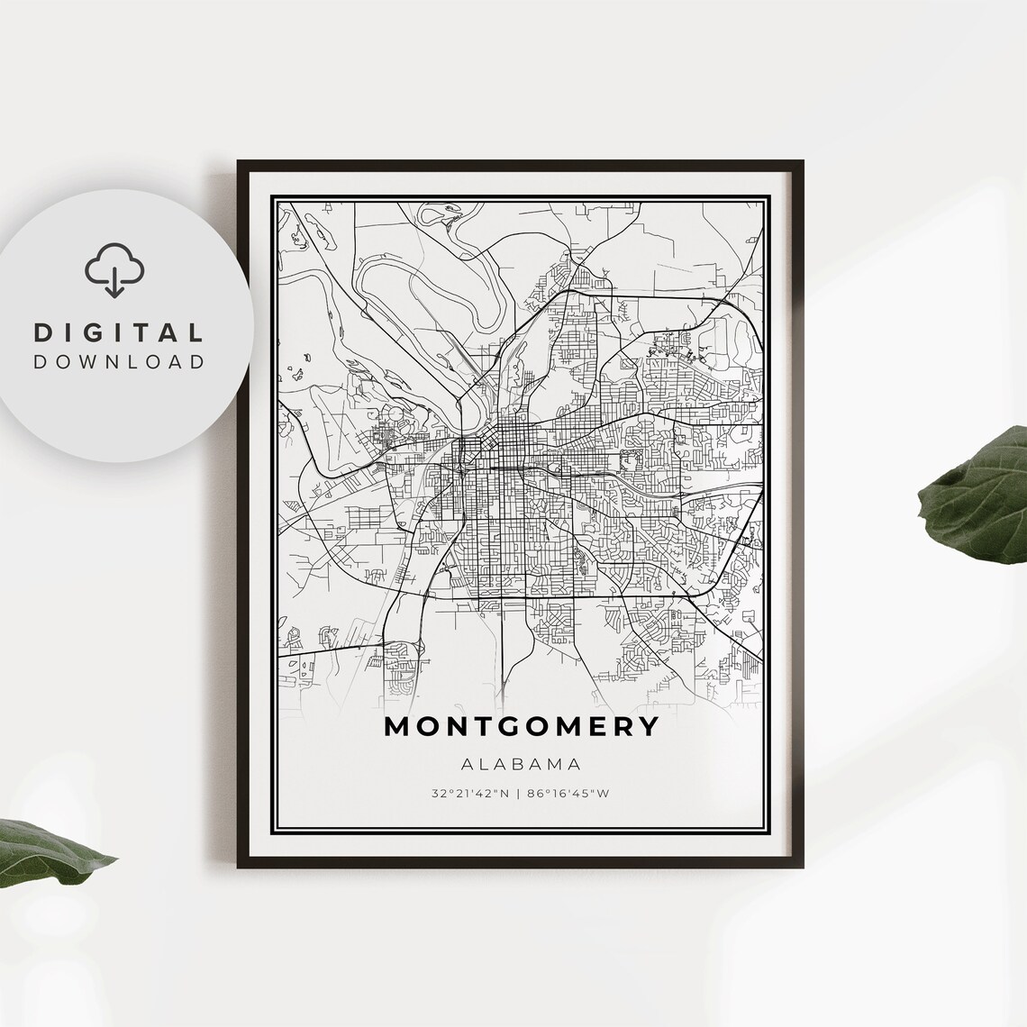 Montgomery Alabama Black and White City Street Map Line Art Poster
