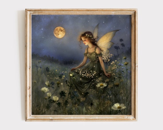 Fairy In A Flower Meadow Under Full Moon Illustration Cute Wall Art For Nursery Or Childrens Room Whimsical
