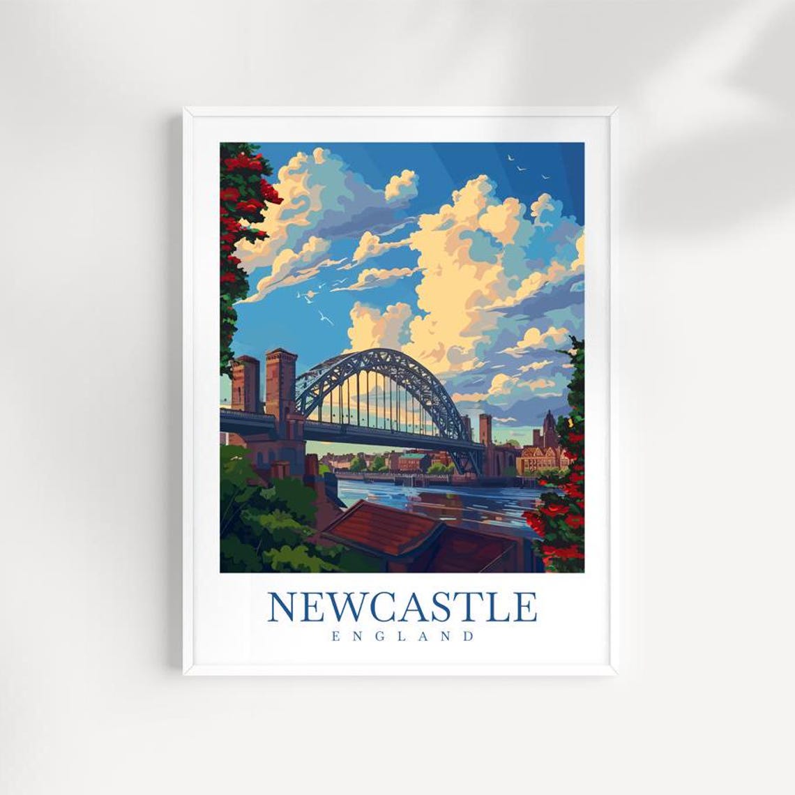 Newcastle England Tyne Bridge Cloudy Sky River View Travel Poster