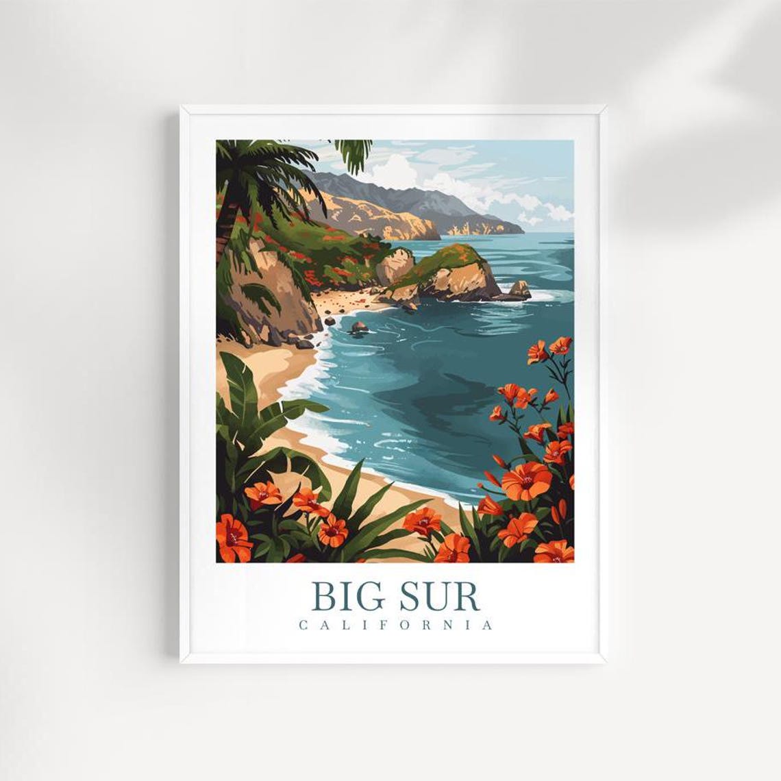 Big Sur California Hidden Cove Palms Orange Blooms Seaside View Poster