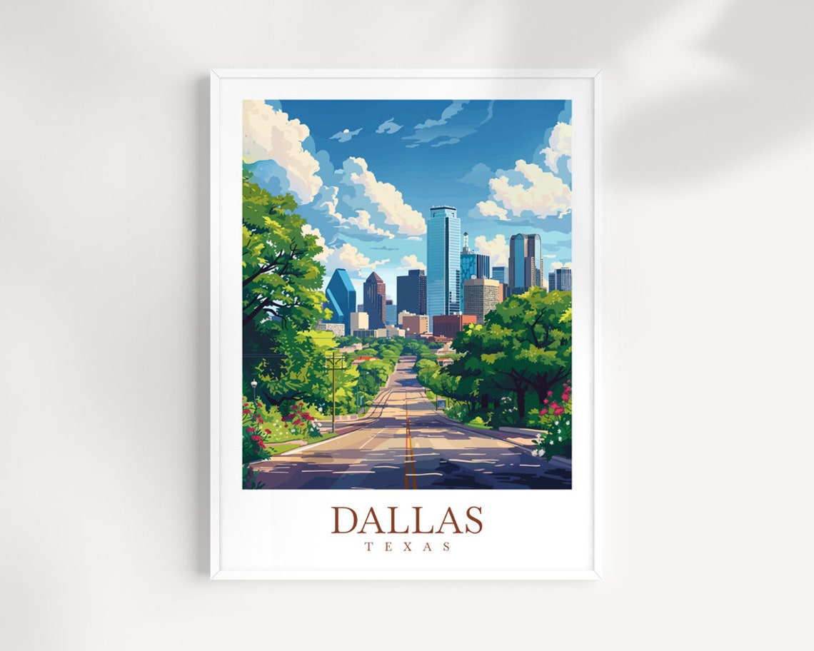 Dallas Texas Downtown Skyline Tree Lined Avenue Scene Poster
