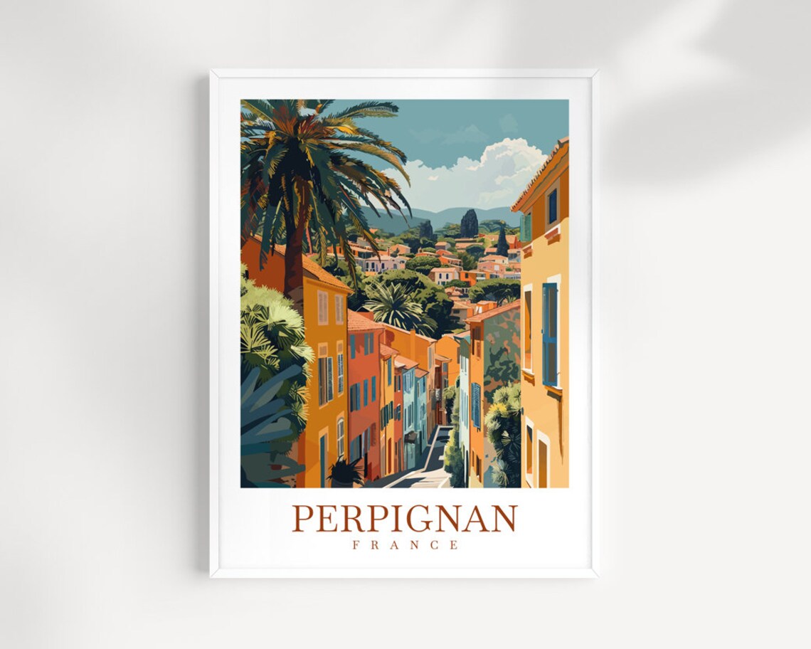 Perpignan France Sunny Old Town Street Palm View Travel Poster
