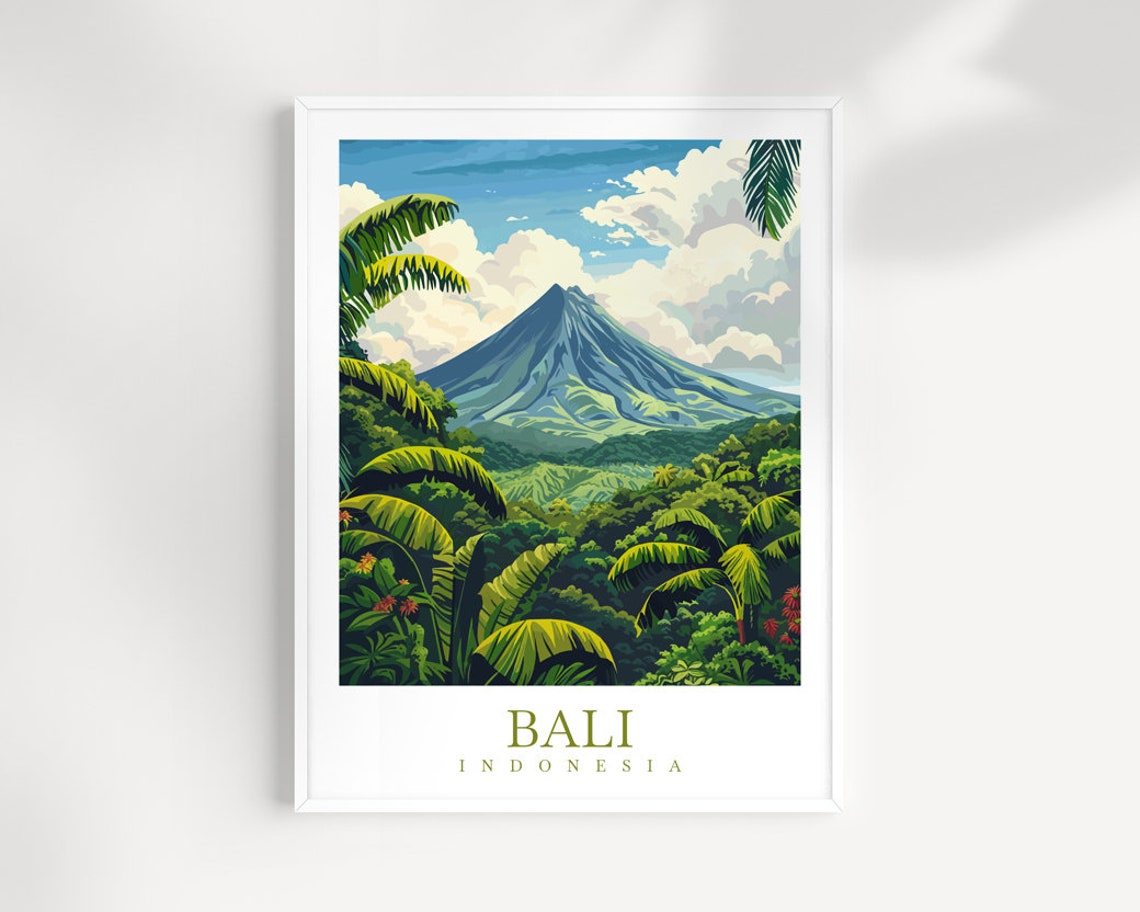 Bali Indonesia Volcano Peak Lush Green Jungle Scene Travel Poster