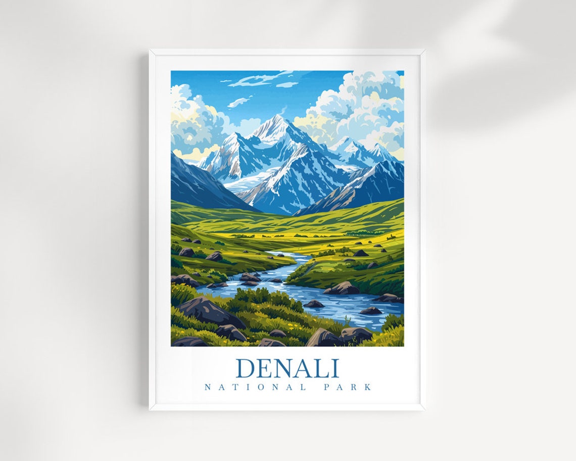 Denali National Park Snowy Peak and River Valley Travel Poster