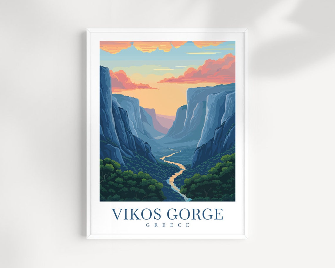 Vikos Gorge Greece Travel Poster - Sunset Over Winding River Canyon