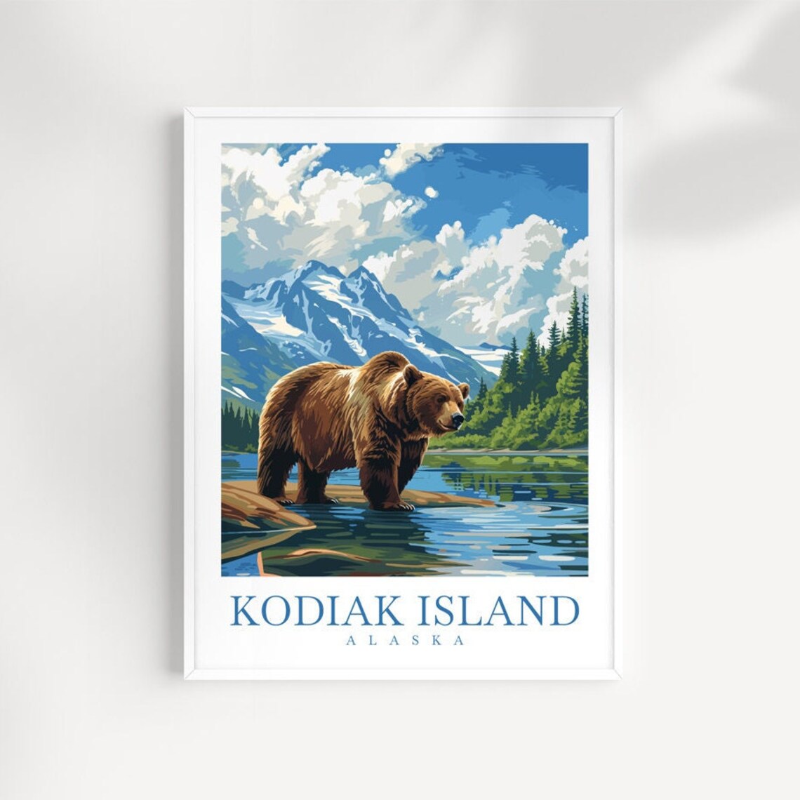 Kodiak Island Alaska Brown Bear River Mountains Travel Poster