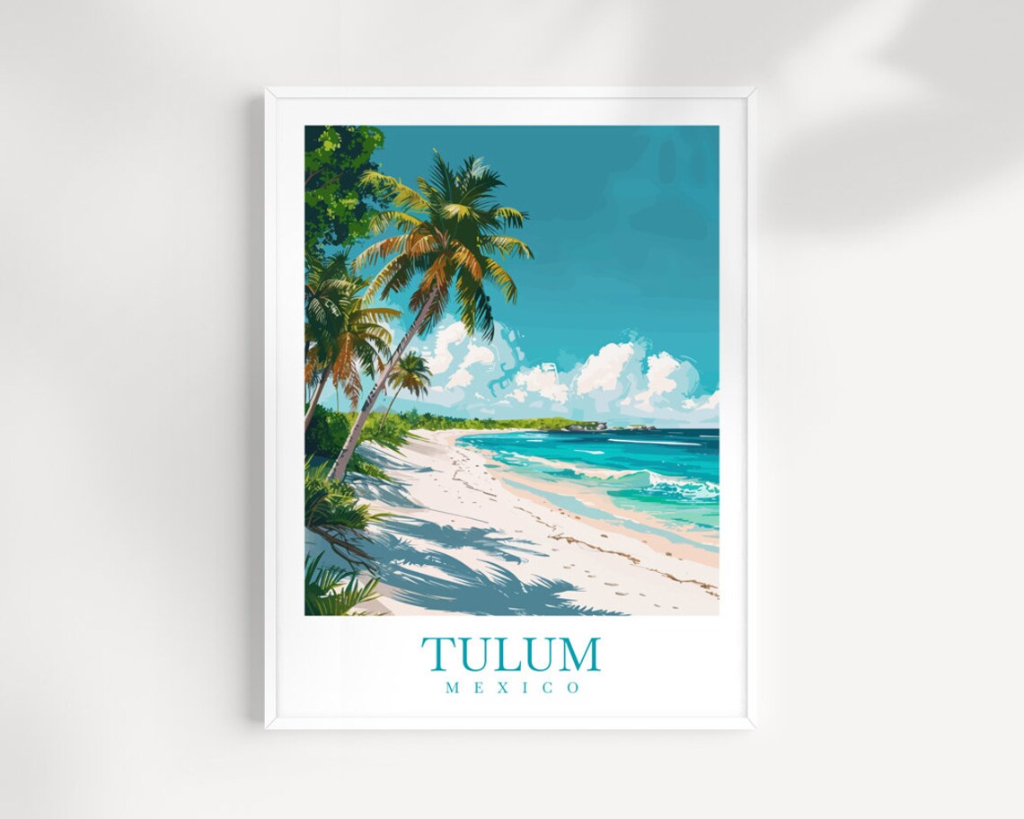 Tulum Mexico Caribbean Beach Palm Trees Turquoise Water Travel Poster
