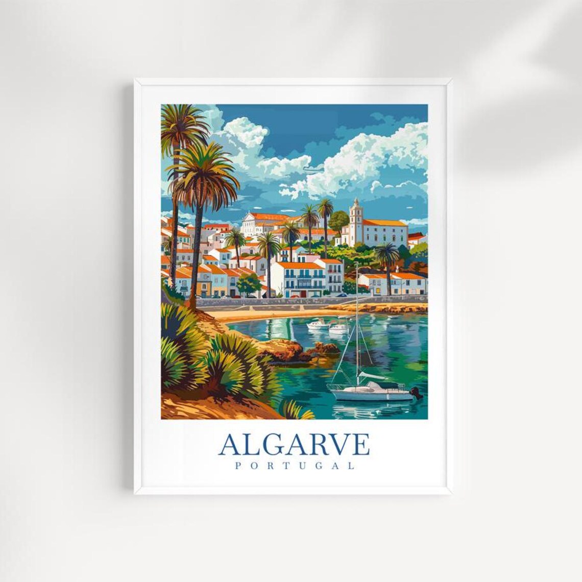 Algarve Portugal Harbor Palm Trees Sailboat Vintage Travel Poster