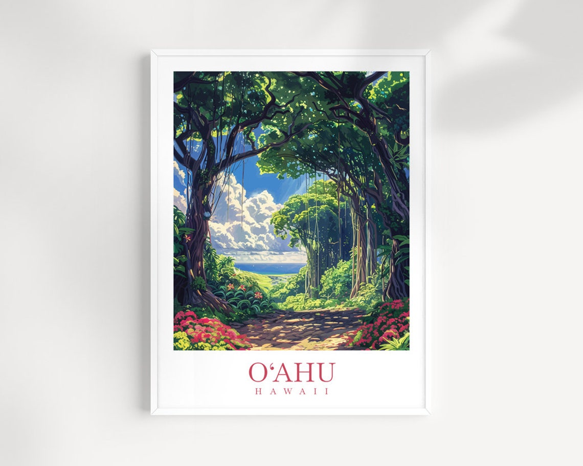 Oahu Hawaii Tree Tunnel Path Ocean View Vintage Travel Poster