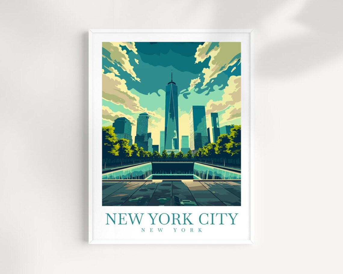 New York City Memorial Pool With One World Trade Center Travel Poster