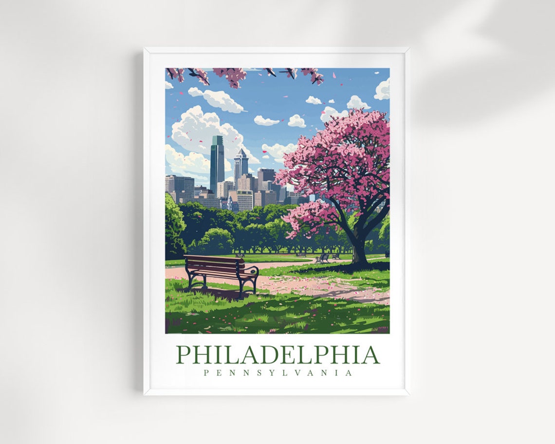 Philadelphia Pennsylvania Cherry Blossom Park Bench Skyline Poster