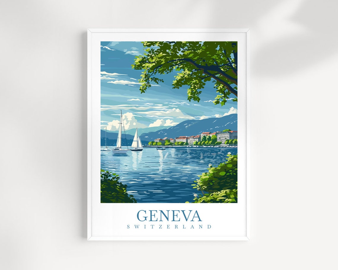 Geneva Switzerland Lake Sailboats Over Alpine Water View Poster