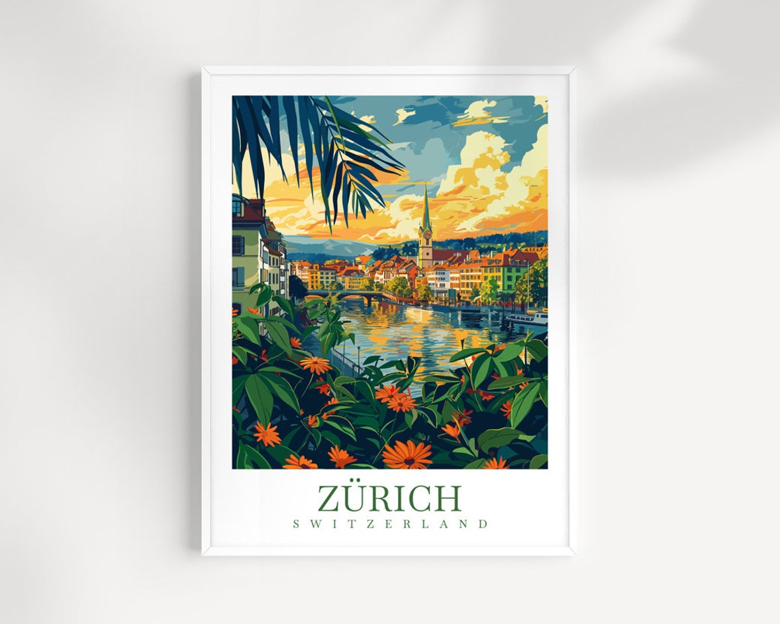 Zurich Switzerland Riverside Flowers Sunset Old Town View Poster
