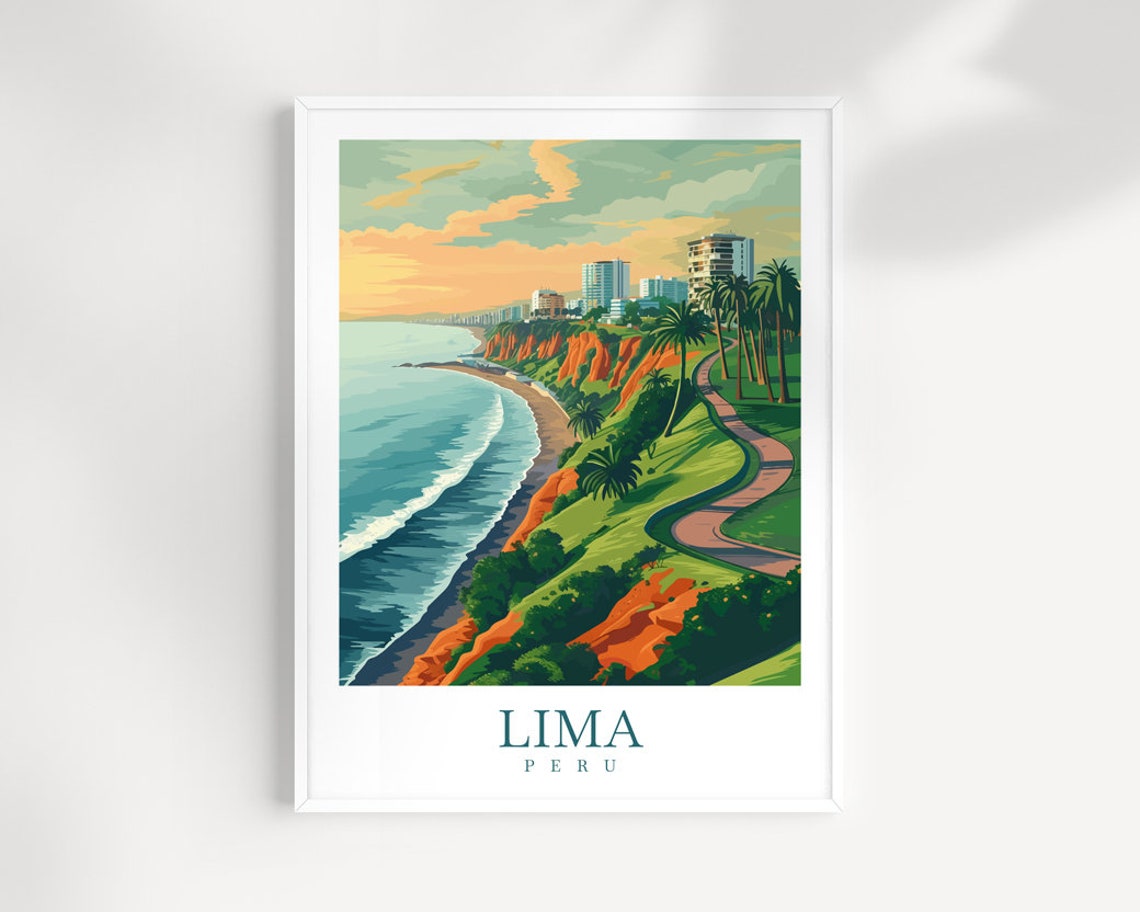 Lima Peru Pacific Coast Cliffs and Palm Lined Promenade Poster