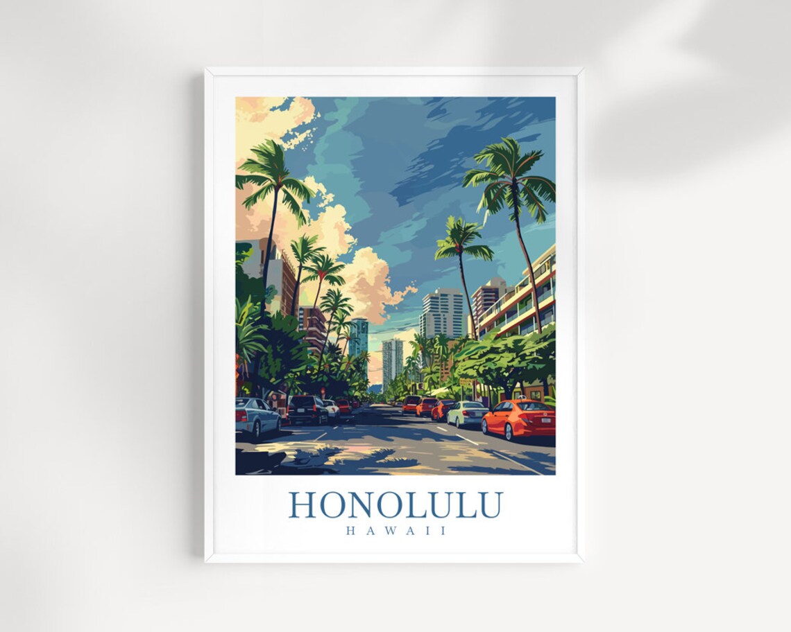 Honolulu Hawaii Palm Lined Street Cityscape Vintage Travel Poster