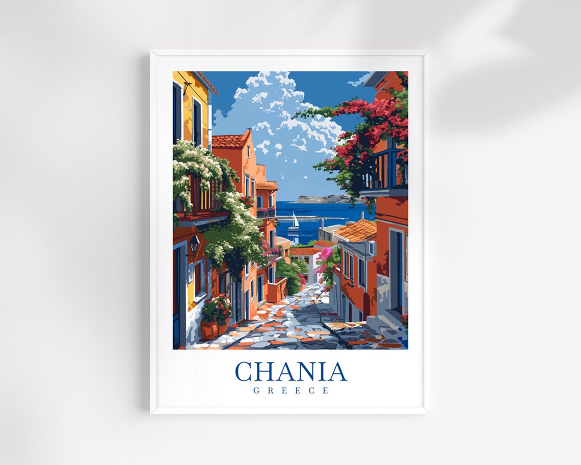 Sunny Chania Greece Cobblestone Old Town Alley Sea View Poster
