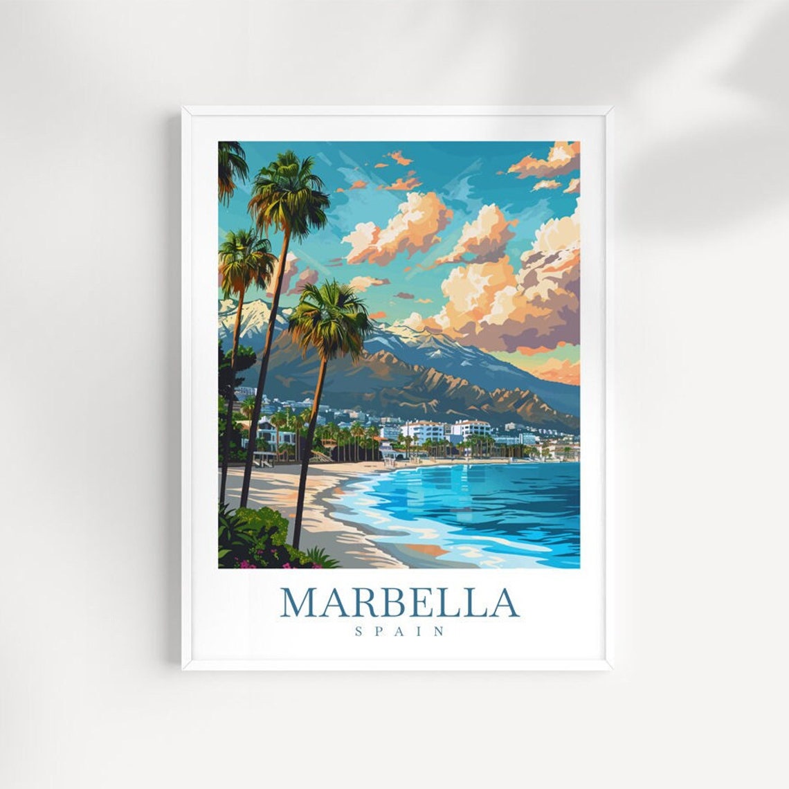 Marbella Spain Palm Beach Turquoise Sea Mountain View Travel Poster