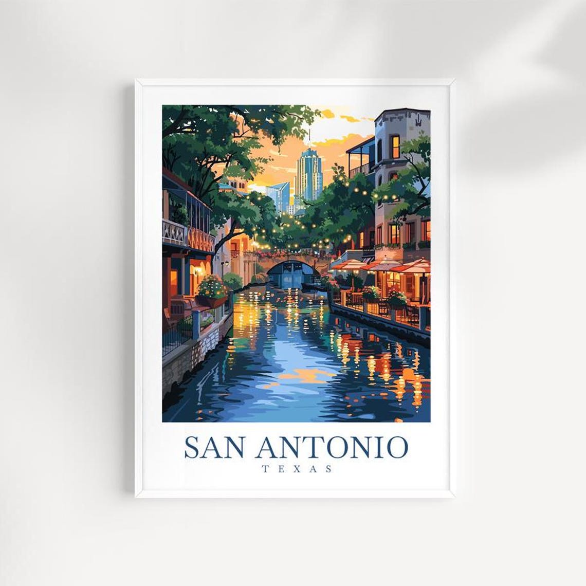 San Antonio Texas River Walk Sunset Canal Lights Evening Travel Poster