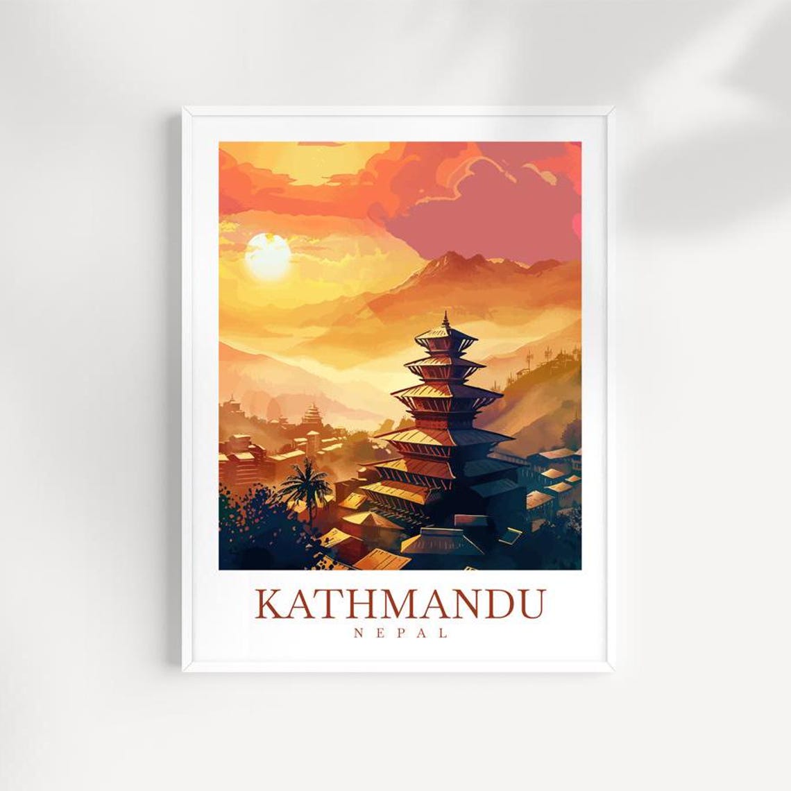 Kathmandu Nepal Sunset Temple Pagoda Cityscape Travel Poster