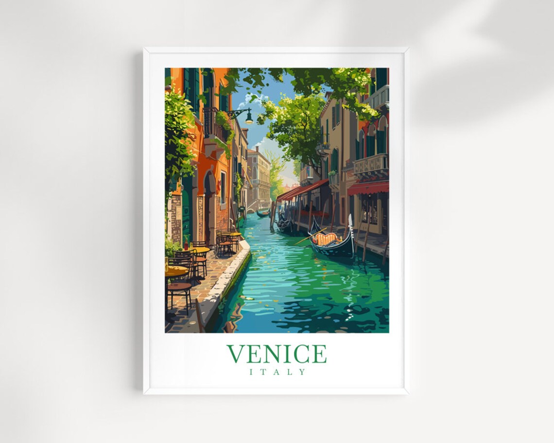 Venice Italy Canal Gondolas Cafe Tables Colorful Travel Poster