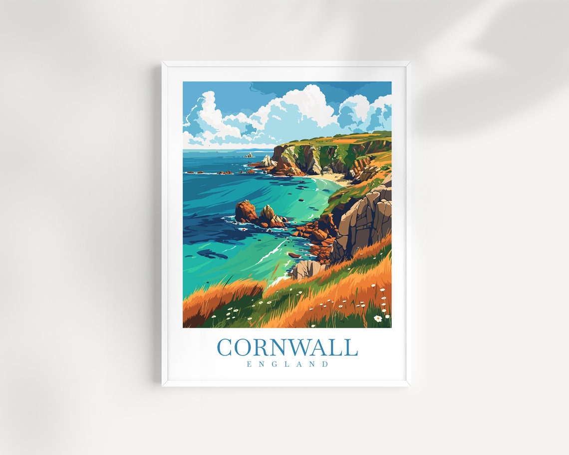 Cornwall England Rugged Cliffs Turquoise Sea Coastal Travel Art Poster