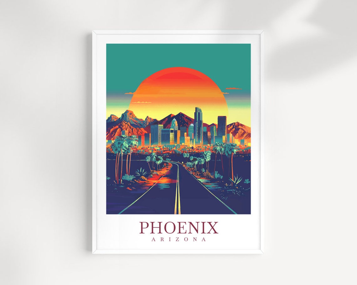 Phoenix Arizona Sunset Skyline Desert Highway Retro Travel Poster