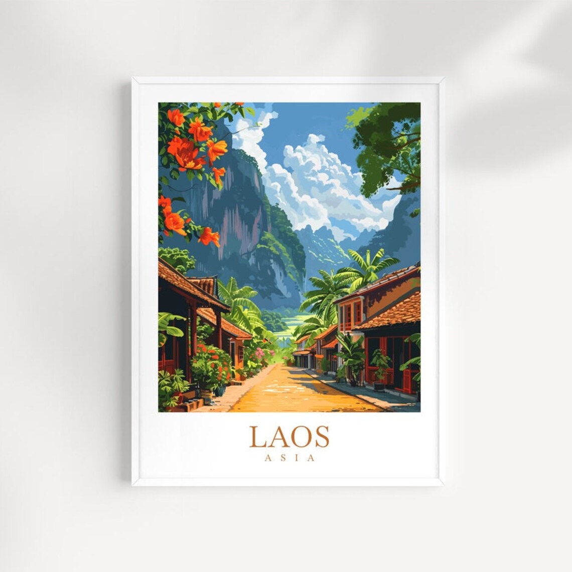 Laos Asia Village Street Karst Mountains Blossom Trees Travel Poster