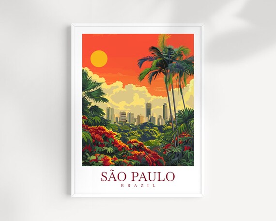 São Paulo Brazil Sunset Skyline Palms Cityscape Vintage Travel Poster