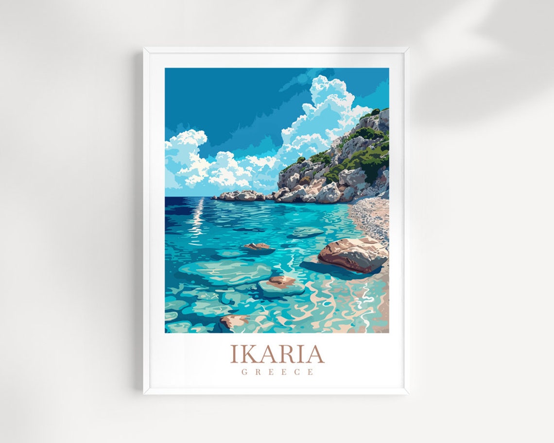 Bright Ikaria Greece Turquoise Coastal Cove Retro Holiday Poster