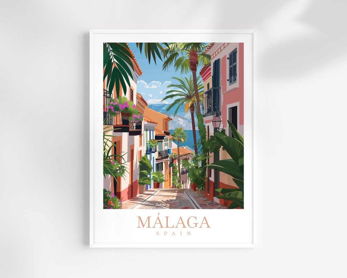 Malaga Spain Palm Lined Old Street Sea View Vintage Travel Poster