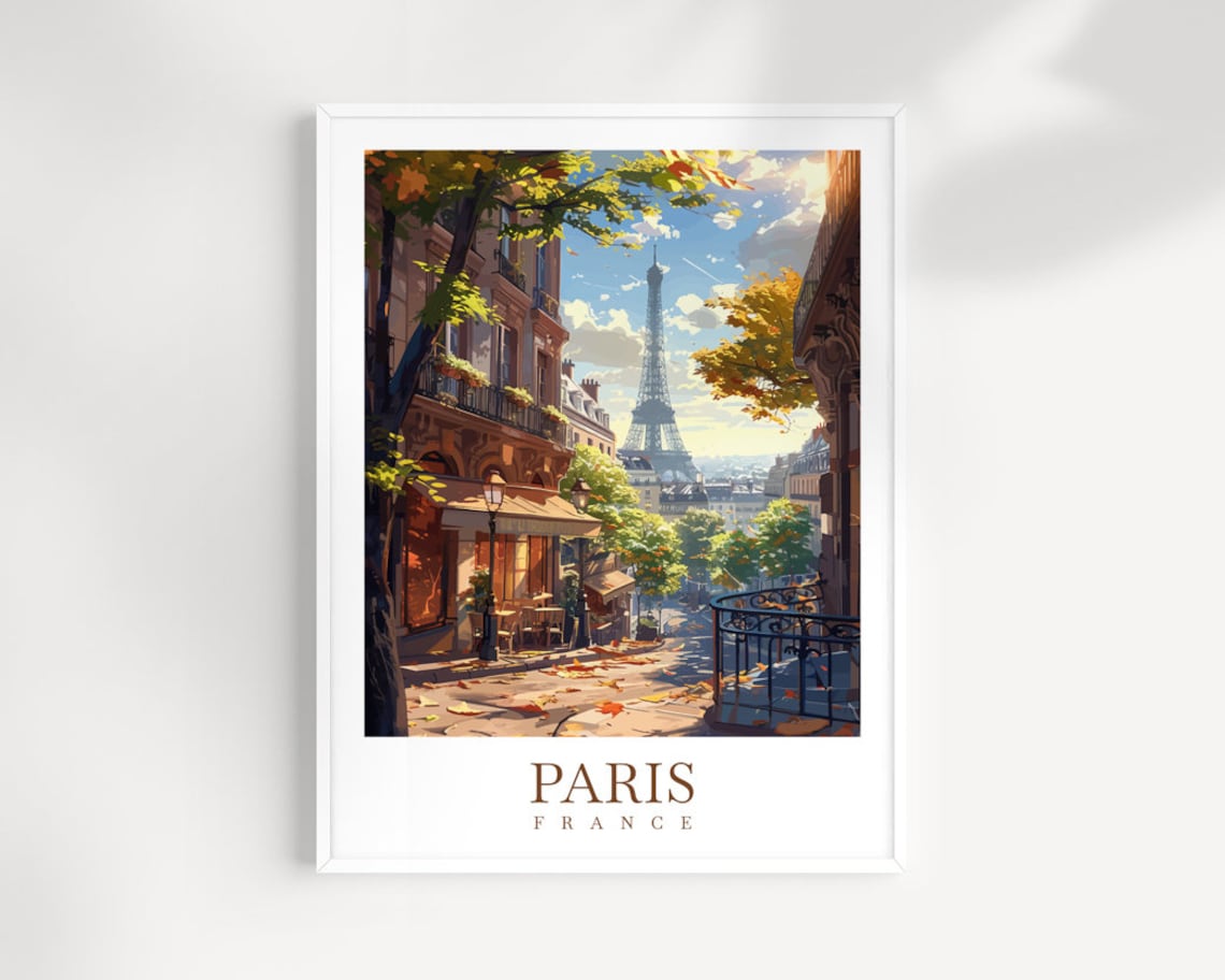 Paris Eiffel Tower Autumn Street Falling Leaves Vintage Travel Poster