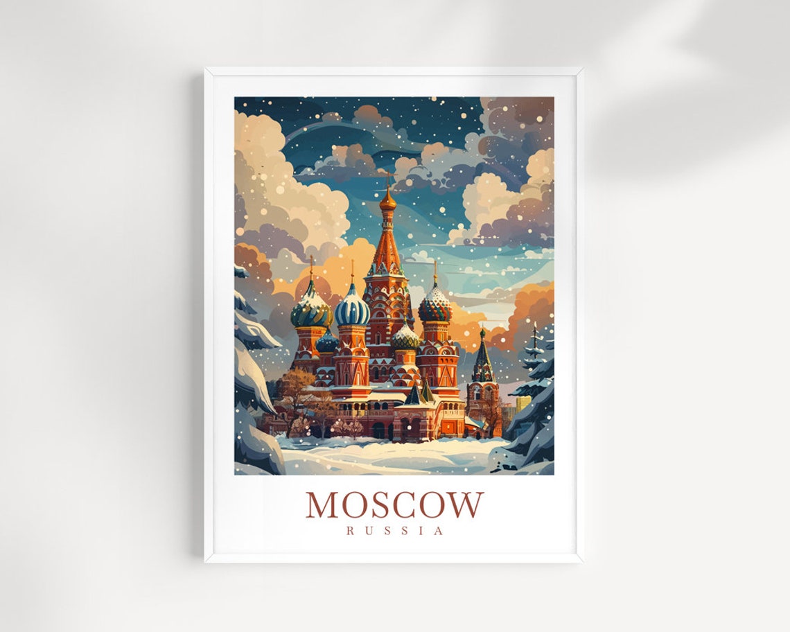 Moscow Russia St Basils Cathedral Snowy Winter Night Art Poster