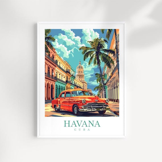 Havana Cuba Classic Car on Colonial Street With Palm Trees Poster
