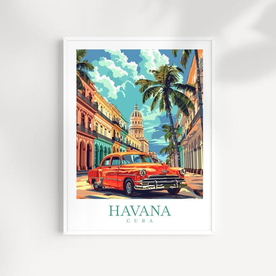 Havana Cuba Classic Car on Colonial Street With Palm Trees Poster