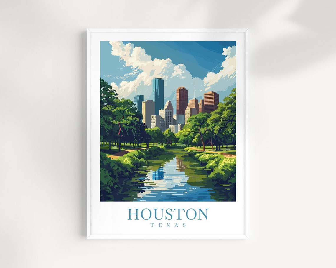 Houston Texas Downtown Skyline Park Lake Cityscape Green Space Poster