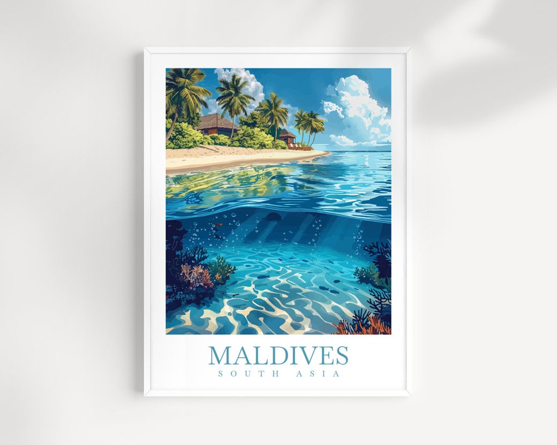 Maldives South Asia Tropical Beach Coral Reef Split View Poster