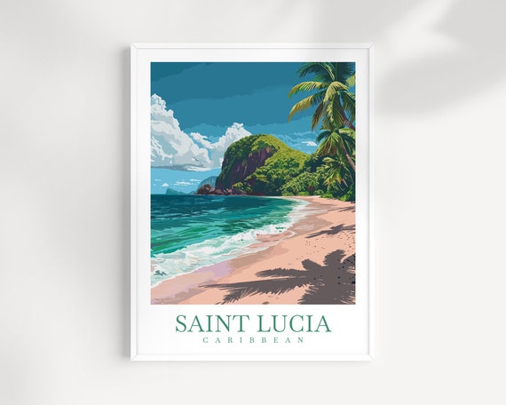 Saint Lucia Caribbean Beach Palm Shadows Green Hill Travel Poster