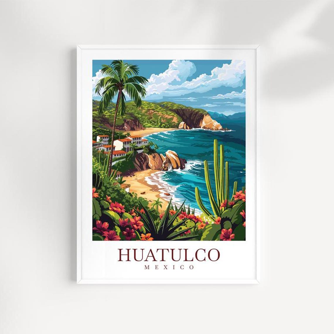 Huatulco Mexico Hidden Cove White Houses Palm Cacti Rocks Art Poster