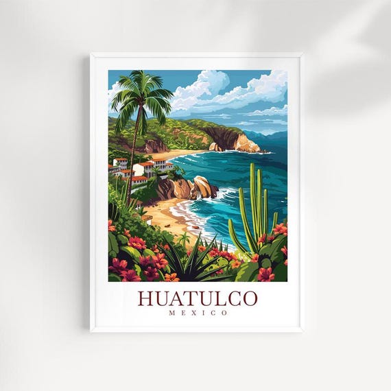 Huatulco Mexico Hidden Cove White Houses Palm Cacti Rocks Art Poster
