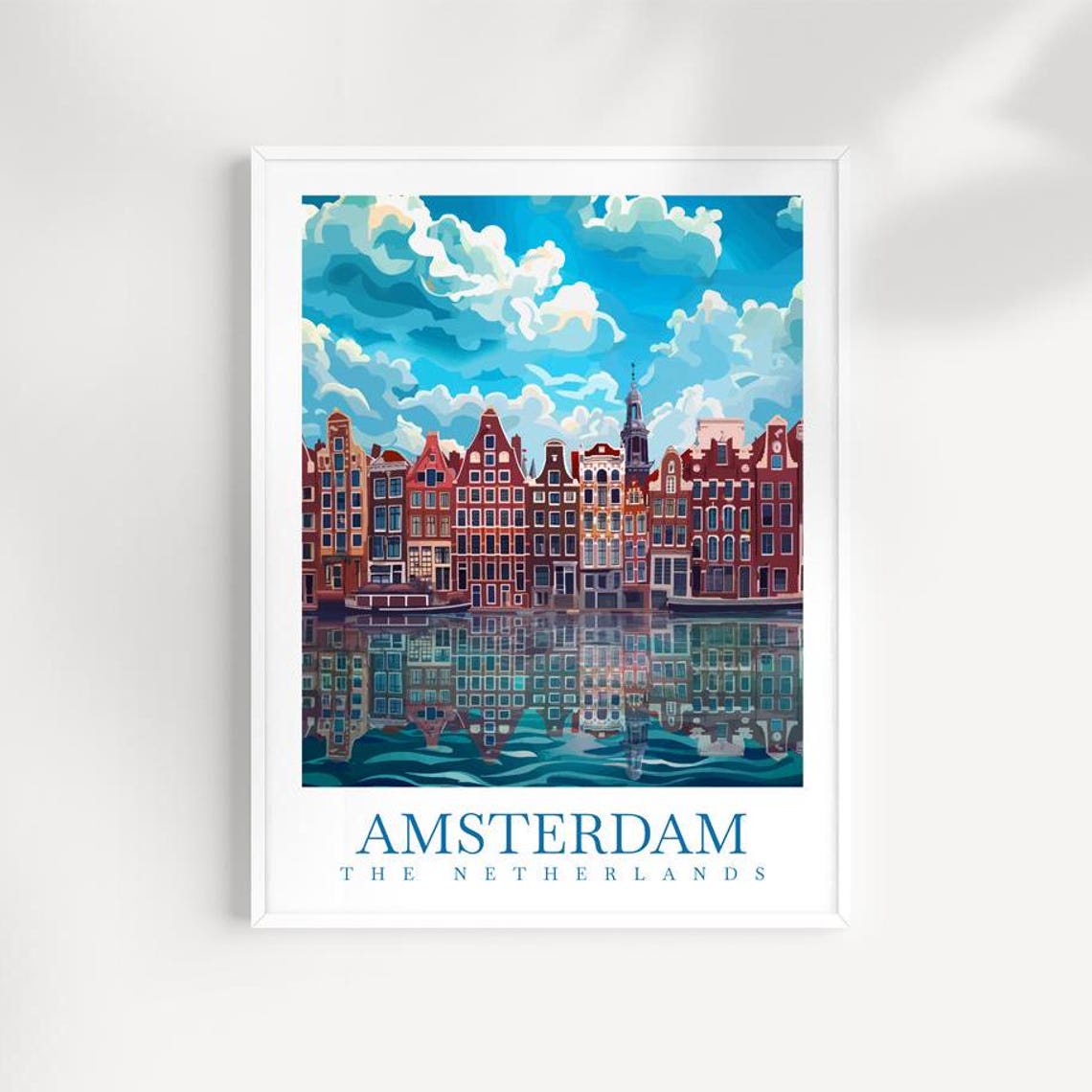 Amsterdam Canal House Row Calm Water Reflection Classic Travel Poster