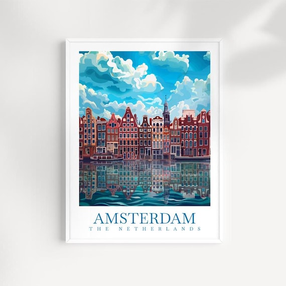 Amsterdam Canal House Row Calm Water Reflection Classic Travel Poster